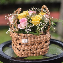 Load image into Gallery viewer, Webbed wicker gift hamper basket - with flowers, with brown and beige color tones
