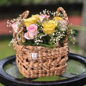 Webbed wicker gift hamper basket - with flowers, with brown and beige color tones